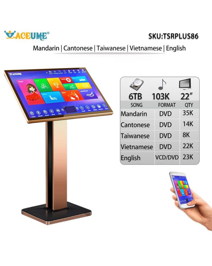 TSRPLUS86-6TB HDD 103K Chinese English Vietnamese 22" Touch Screen Karaoke Player Songs Machine Select songs via Touch Screen Monitor and Mobile device Remote controller Included